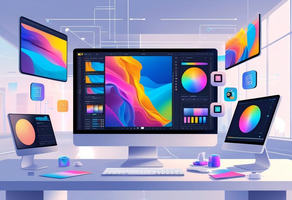 A futuristic workspace with a modern computer showing advanced photo editing software and floating digital icons representing editing tools.