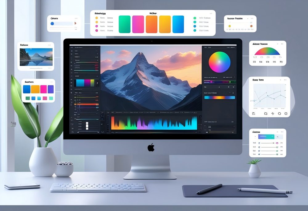 A digital workspace with a monitor showing photo editing tools and features, surrounded by icons representing various editing functions.