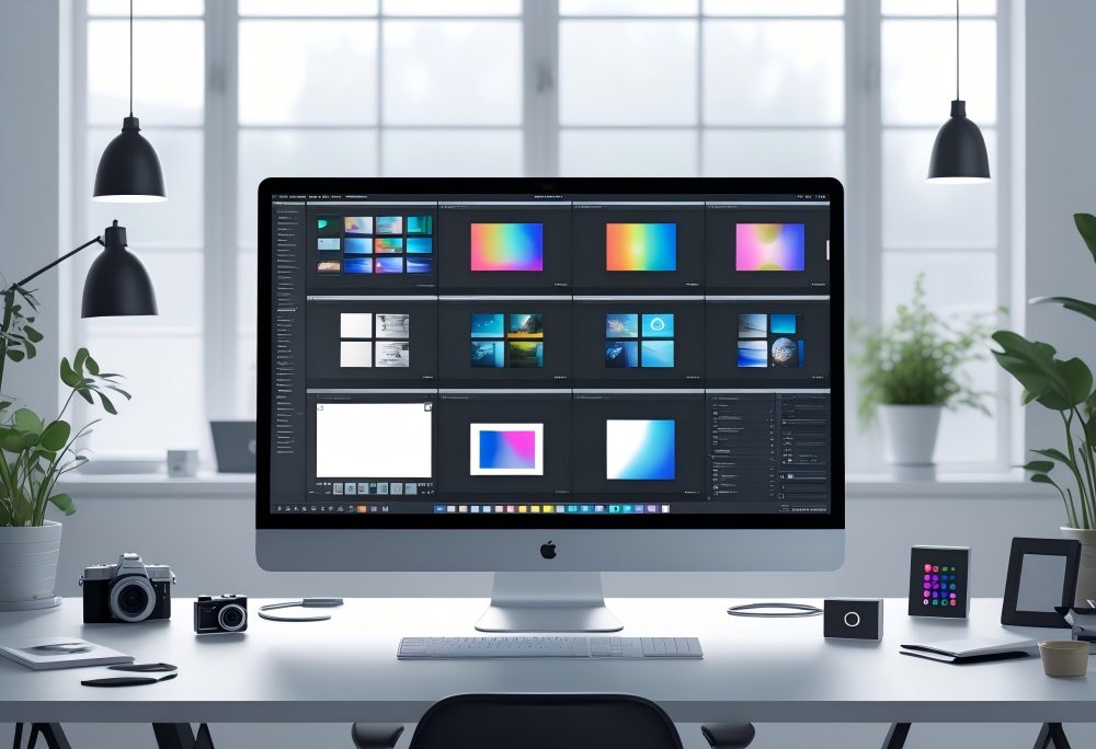 A workspace with a computer screen showing multiple photo editing software windows side by side, surrounded by icons representing photo editing tools.