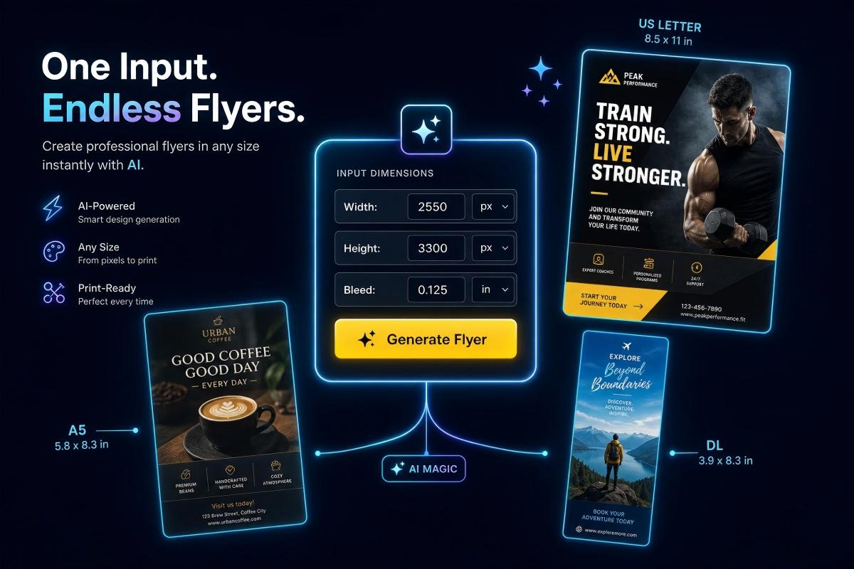 Enter your exact dimensions and let AI generate a print-ready flyer
