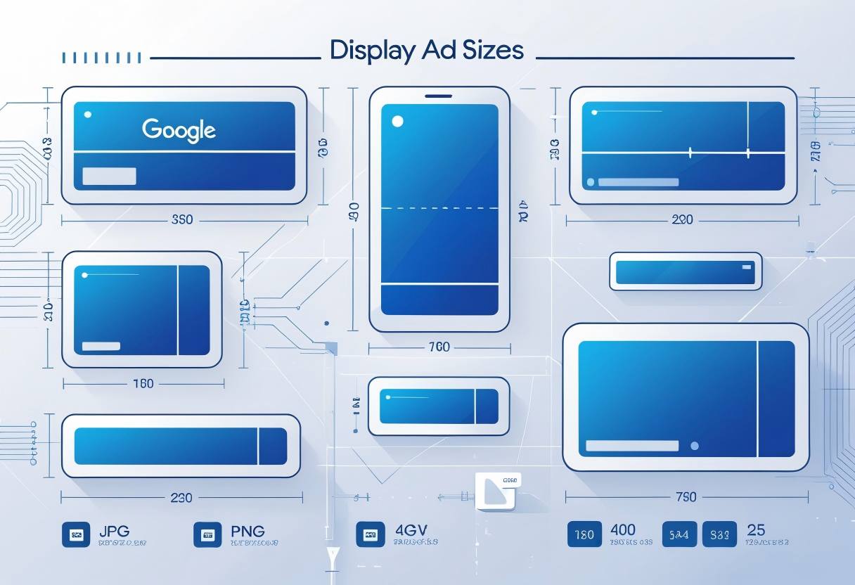 Digital devices including a desktop monitor, tablet, and smartphone displaying different ad placements and sizes for online advertising.