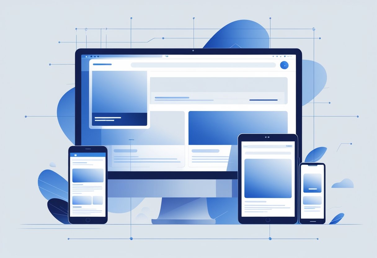 An illustration showing different rectangular and square digital ad banners with measurement guides and icons representing file formats and quality settings.