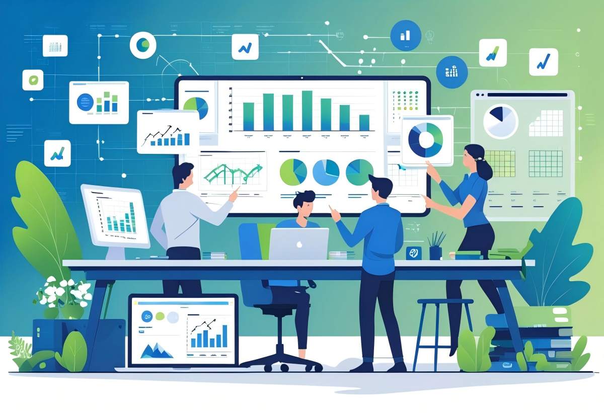 A workspace with multiple devices showing charts and graphs, people collaborating around a desk with visual elements representing planning, execution, and measurement tools for a multi-platform strategy.