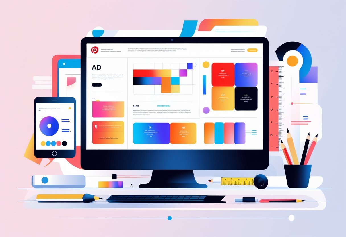 A digital workspace showing a computer monitor with colorful infographic elements about ad dimensions, surrounded by design tools on a clean desk.