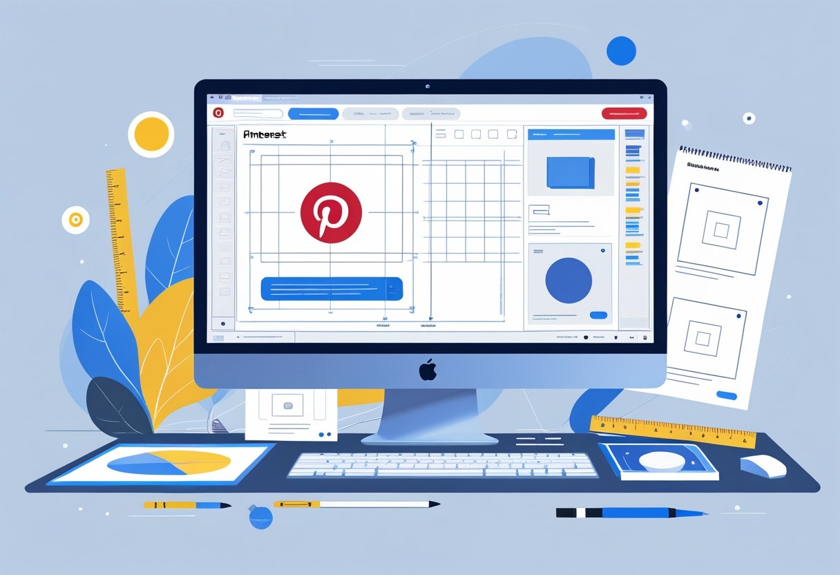 A digital workspace showing a computer screen with a Pinterest ad layout and design tools around it.