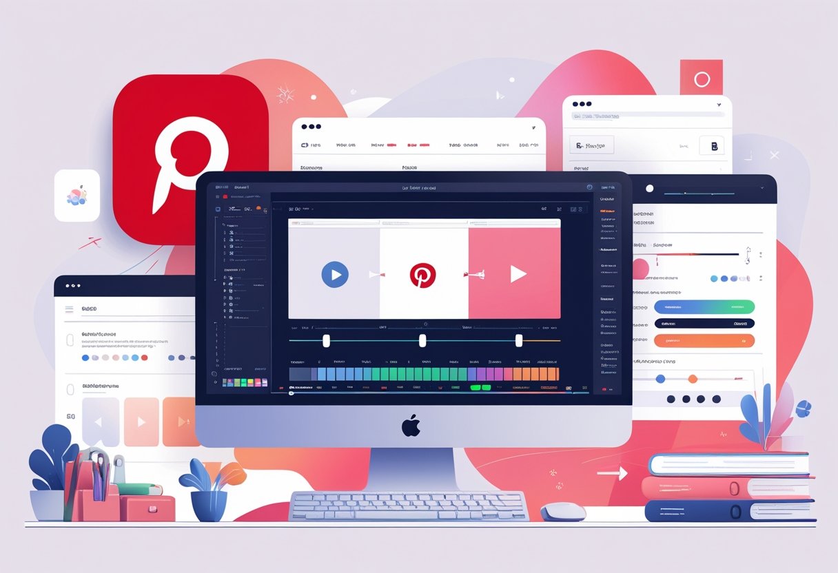 A modern workspace with a computer showing a video editing interface and icons representing video ad specifications for Pinterest.