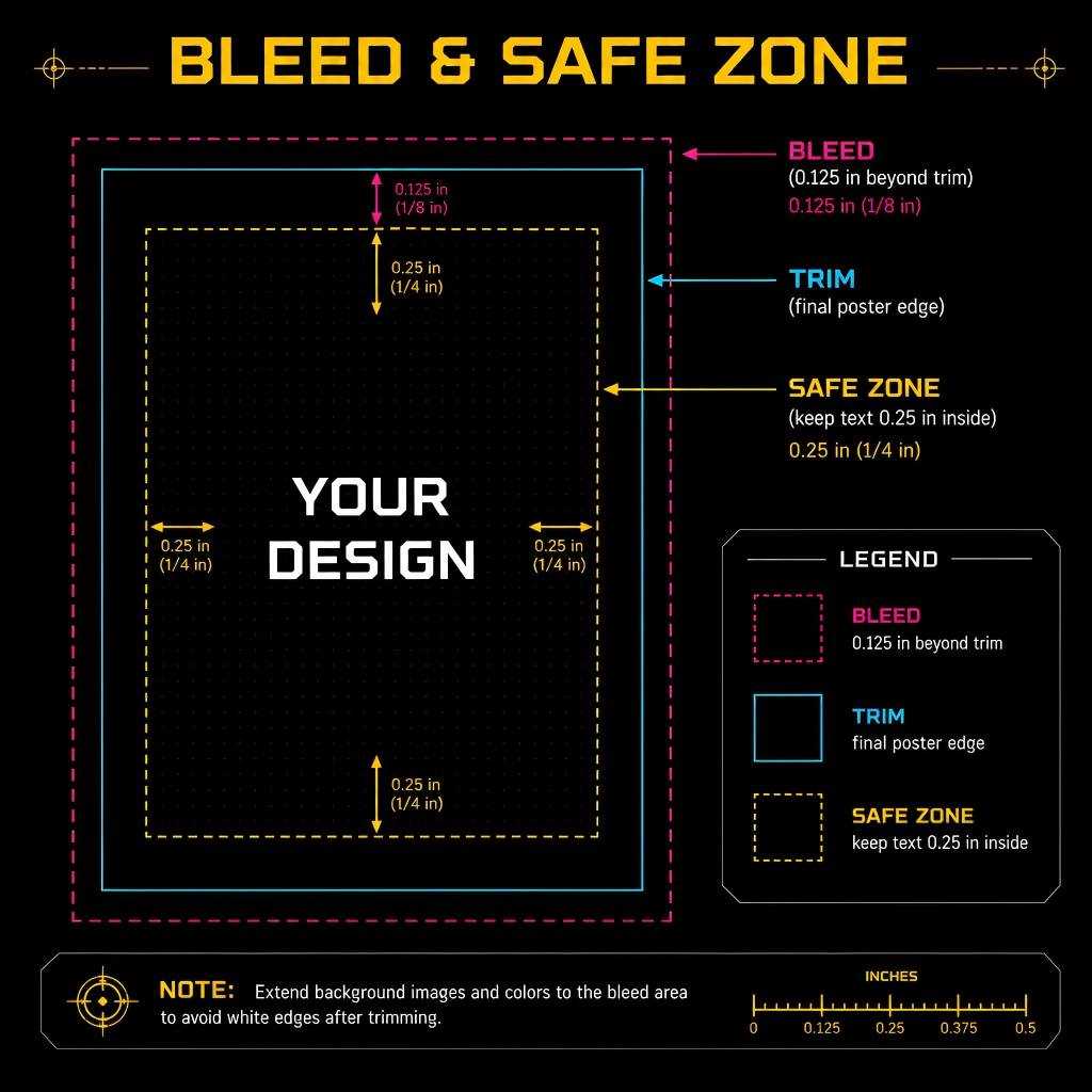 Bleed, trim and safe-zone anatomy for print-ready posters