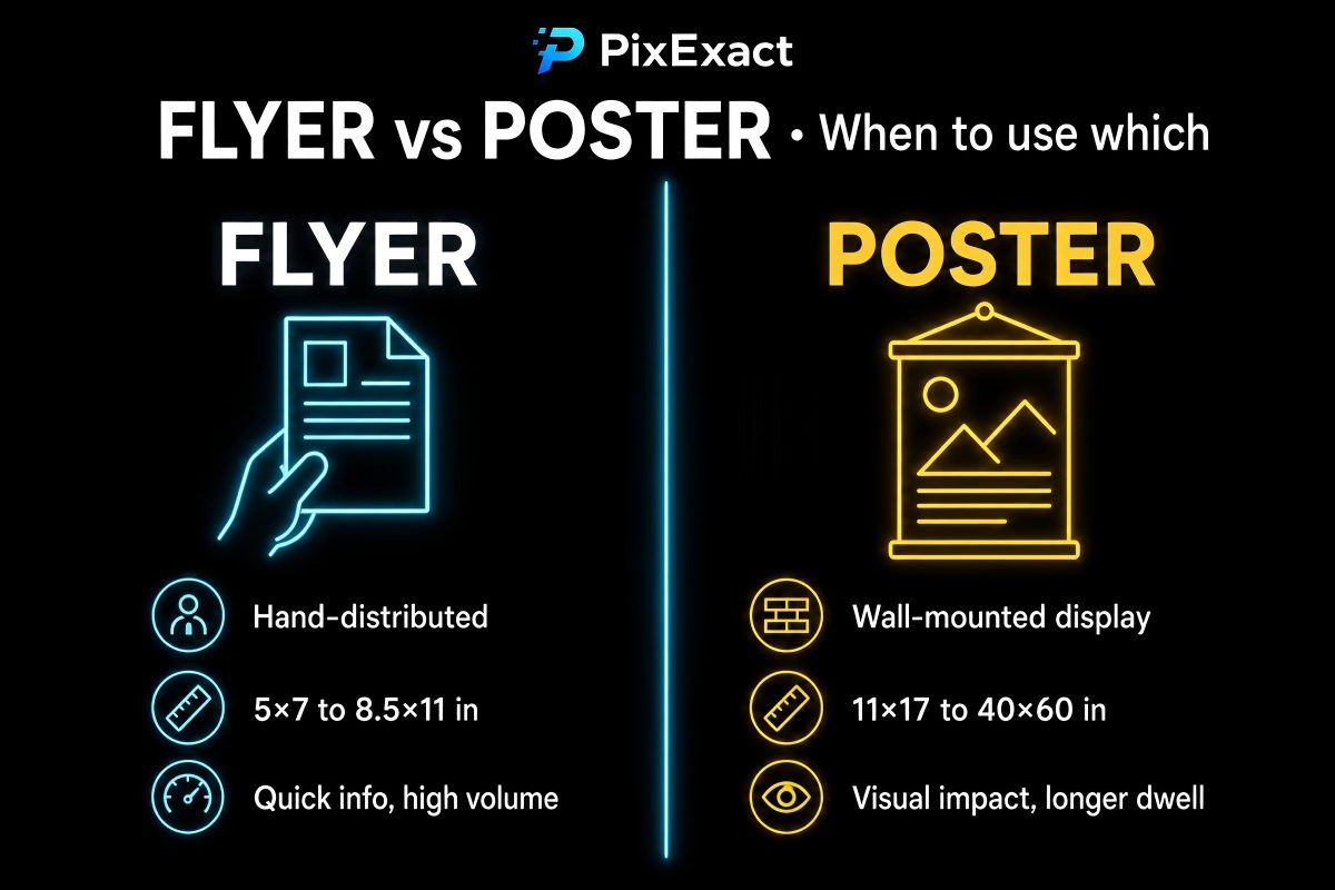 Flyer vs. poster — choose based on distribution and dwell time.