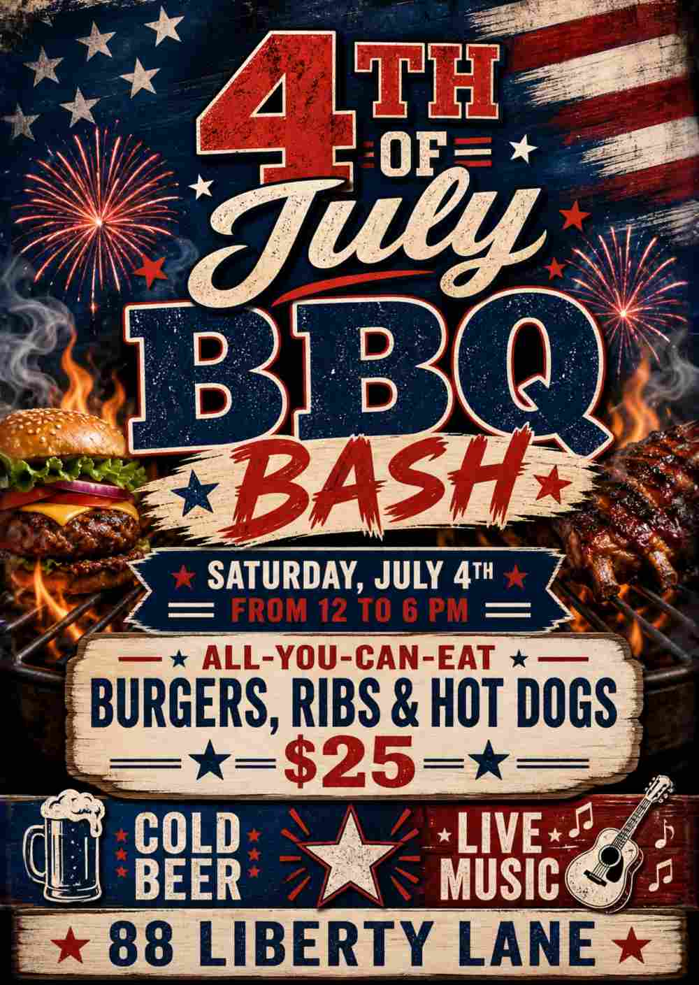 Folleto BBQ 4 de julio generado por IA, estilo americano rojo, blanco y azul