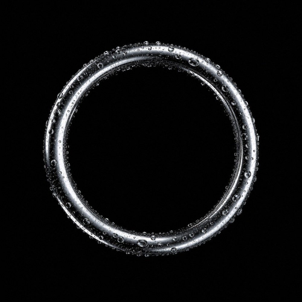 A single glowing chrome ring suspended in an infinite pure-black void, ultra-realistic metallic reflections and tiny water droplets on its surface, one soft light source. Clean, meditative, futuristic.