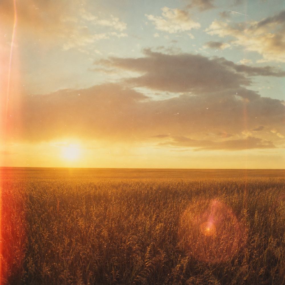 A faded 90s film photograph of an empty wheat field at golden hour, lens flare, light leaks and dust scratches, slightly washed-out warm tones. Lonely, sincere, analog and nostalgic.