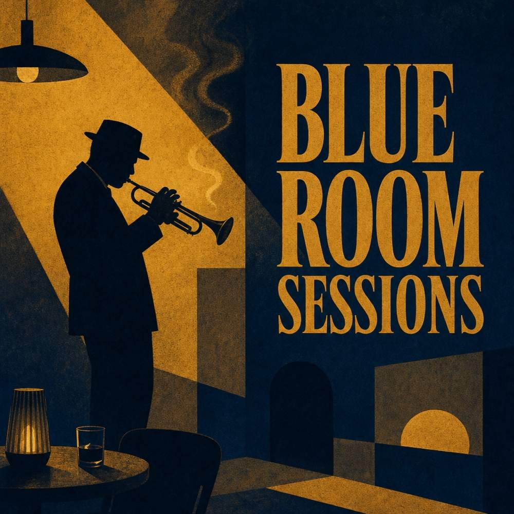 A mid-century minimalist illustration of a lone trumpet player as a simple silhouette in a smoky dim club, warm mustard and deep navy color blocks, grainy paper texture in vintage Blue Note style. Bold retro serif title "BLUE ROOM SESSIONS".