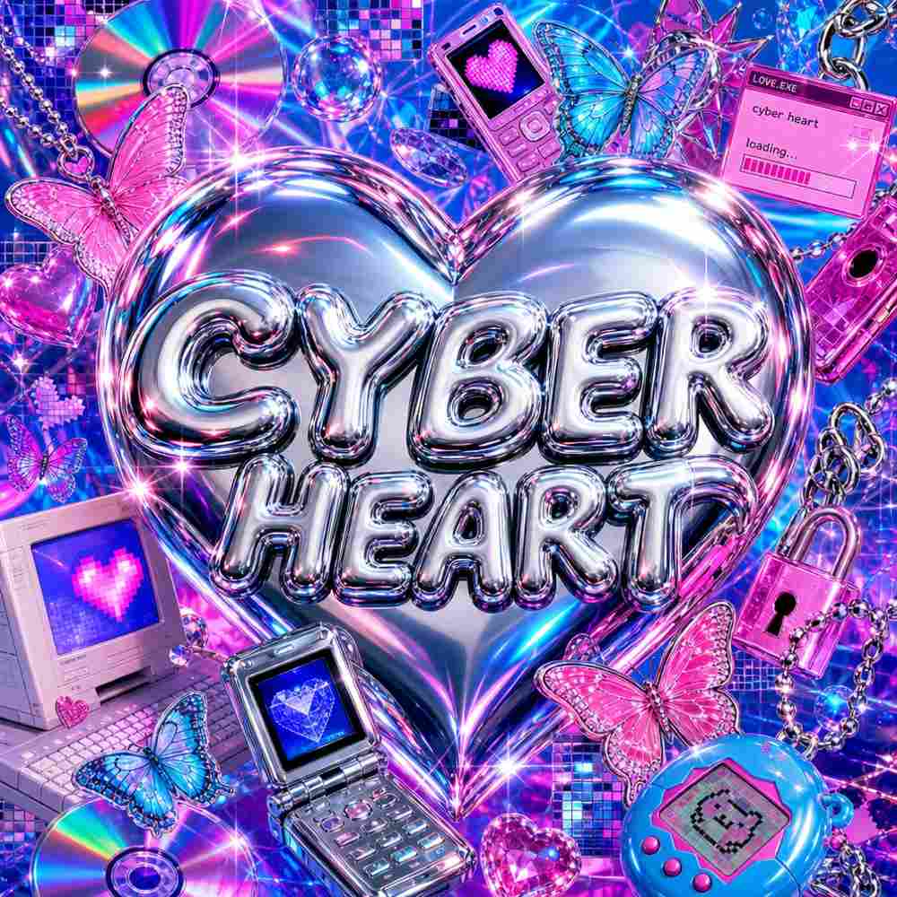 A glossy Y2K-style collage bursting with chrome hearts, butterfly stickers, bubble lens flares, holographic gradients and early-2000s tech motifs, hyper-saturated pink, cyan and silver. Playful and futuristic. Bubbly chrome title "CYBER HEART".