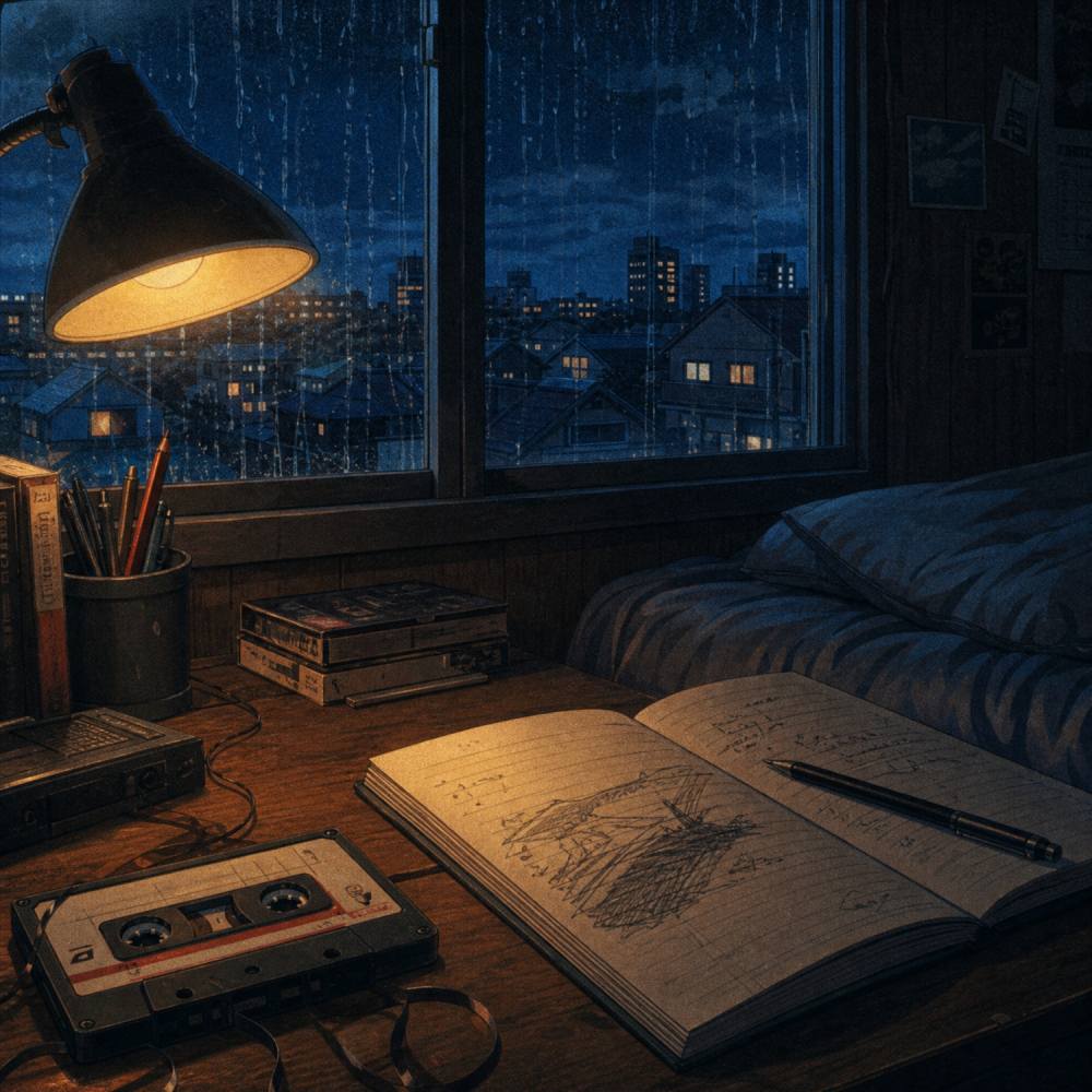 A cozy anime-style bedroom at night, rain streaking down the window, a warm desk lamp glowing over an old cassette tape and an open notebook. Muted low-saturation palette, soft 35mm film grain, calm and nostalgic mood.