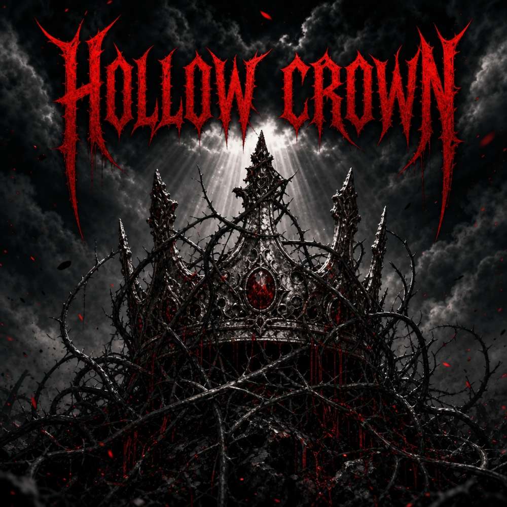 A high-contrast dark illustration of a decaying crown engulfed in black thorny vines, divine rays breaking through storm clouds behind it, ash and embers drifting. Monochrome with blood-red accents, ominous and epic. Sharp gothic title "HOLLOW CROWN".