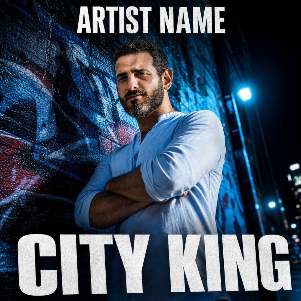 Standing against a graffiti wall at night, arms crossed, looking down at the camera, hard flash and neon glow, gritty cool tones. Bold title "CITY KING" across the bottom, artist name in the top corner.