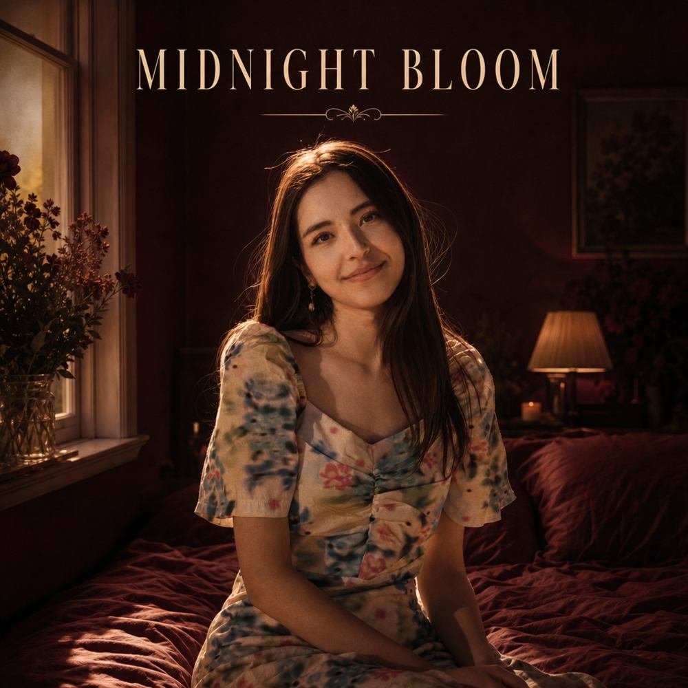 Sitting on the edge of a bed by a window, facing the camera, soft warm side light in a deep burgundy room, cinematic and intimate R&B mood. Album title "MIDNIGHT BLOOM" in an elegant serif above the head.
