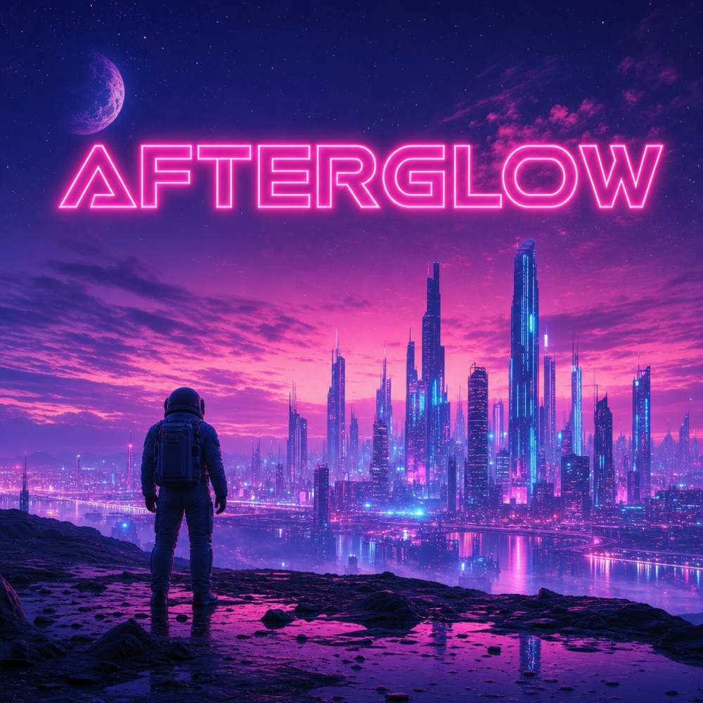 Dreamy synthwave skyline at dusk, lone astronaut, bold album title "AFTERGLOW"