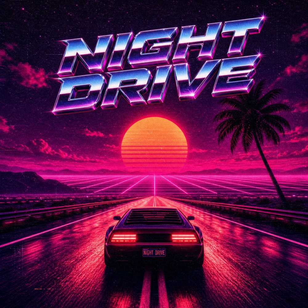 A lone car speeding down an empty highway toward a glowing pink-and-orange sunset, neon grid horizon, a single silhouetted palm tree, heavy 80s VHS grain. Chrome 3D title "NIGHT DRIVE" floating across the sky.