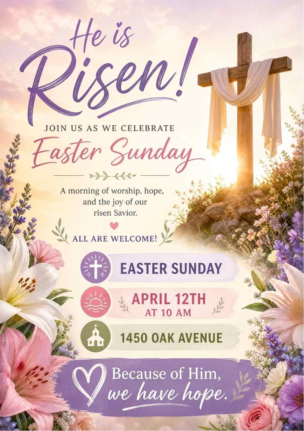 Collection of AI-generated church flyers for different services and events