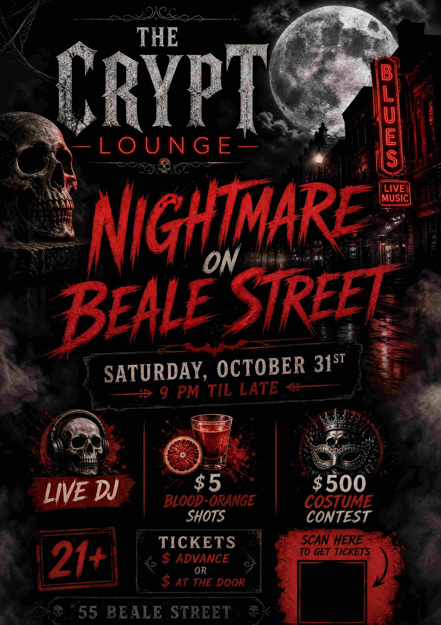 KI-generierter Halloween-Party-Flyer in blutrot und anthrazit, Horror-Look