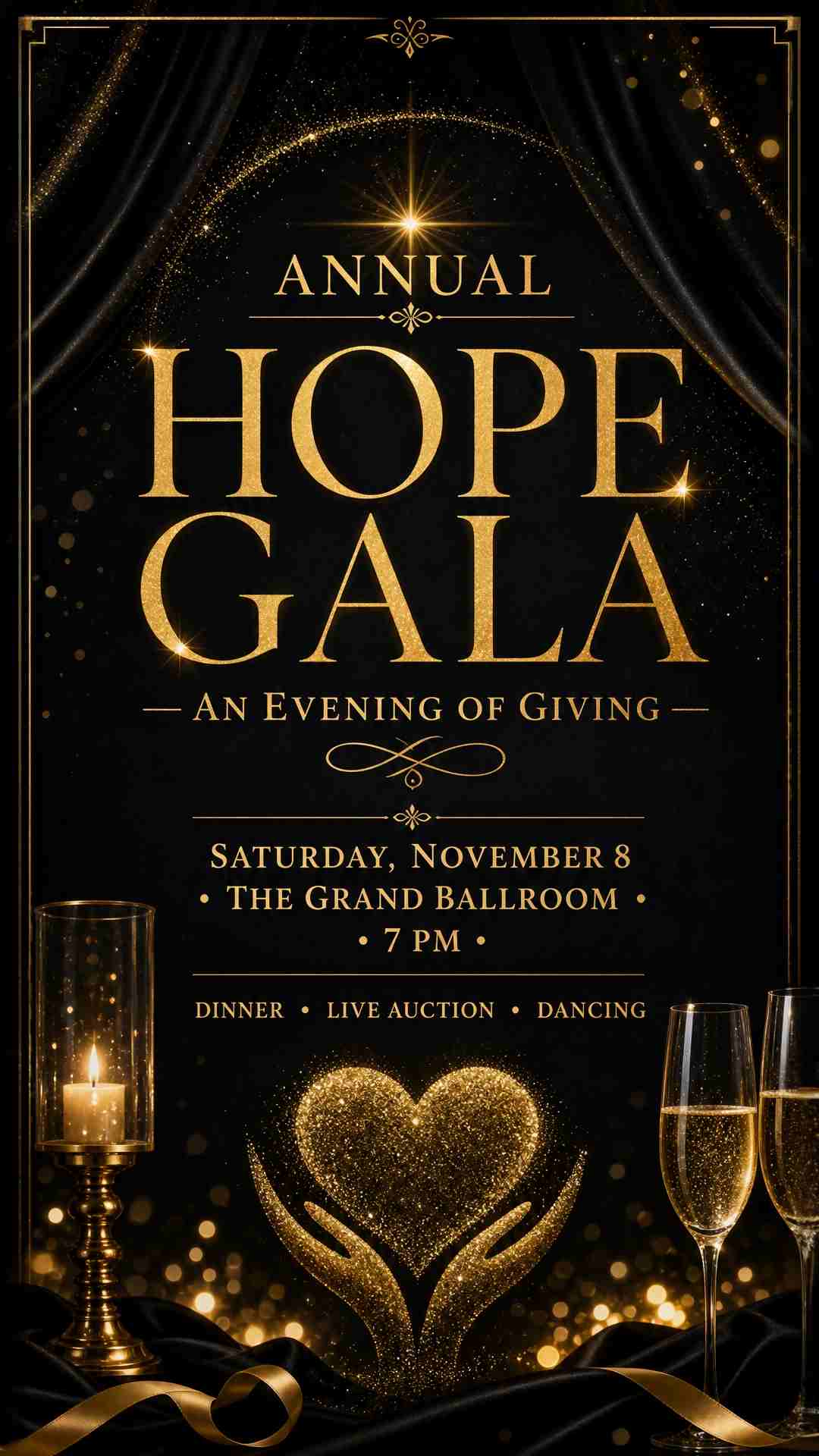 A charity gala fundraiser poster. Elegant black tie aesthetic — dark background with gold accents and subtle sparkle. Text: "Annual Hope Gala — An Evening of Giving" in luxurious gold serif font. "Saturday, November 8 • The Grand Ballroom • 7 PM". "Dinner • Live Auction • Dancing". Formal, inspiring, classy.