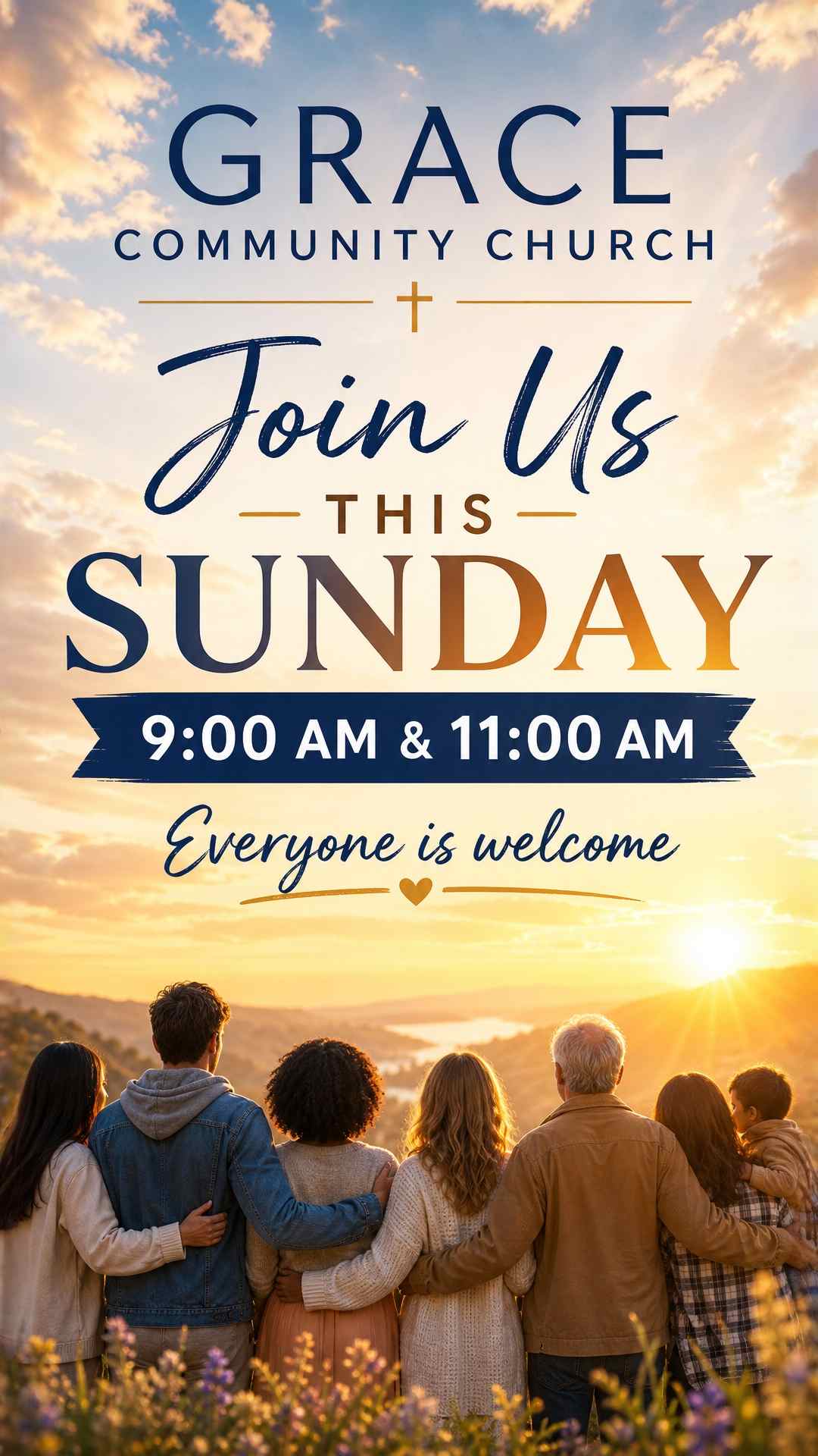 A Sunday worship service poster for a modern church. Soft sunrise sky background with warm golden light. Text: "Join Us This Sunday — 9:00 AM & 11:00 AM" in a clean, welcoming font. Church name "Grace Community Church" at the top. "Everyone is welcome" tagline. Hopeful, warm, inclusive feel.