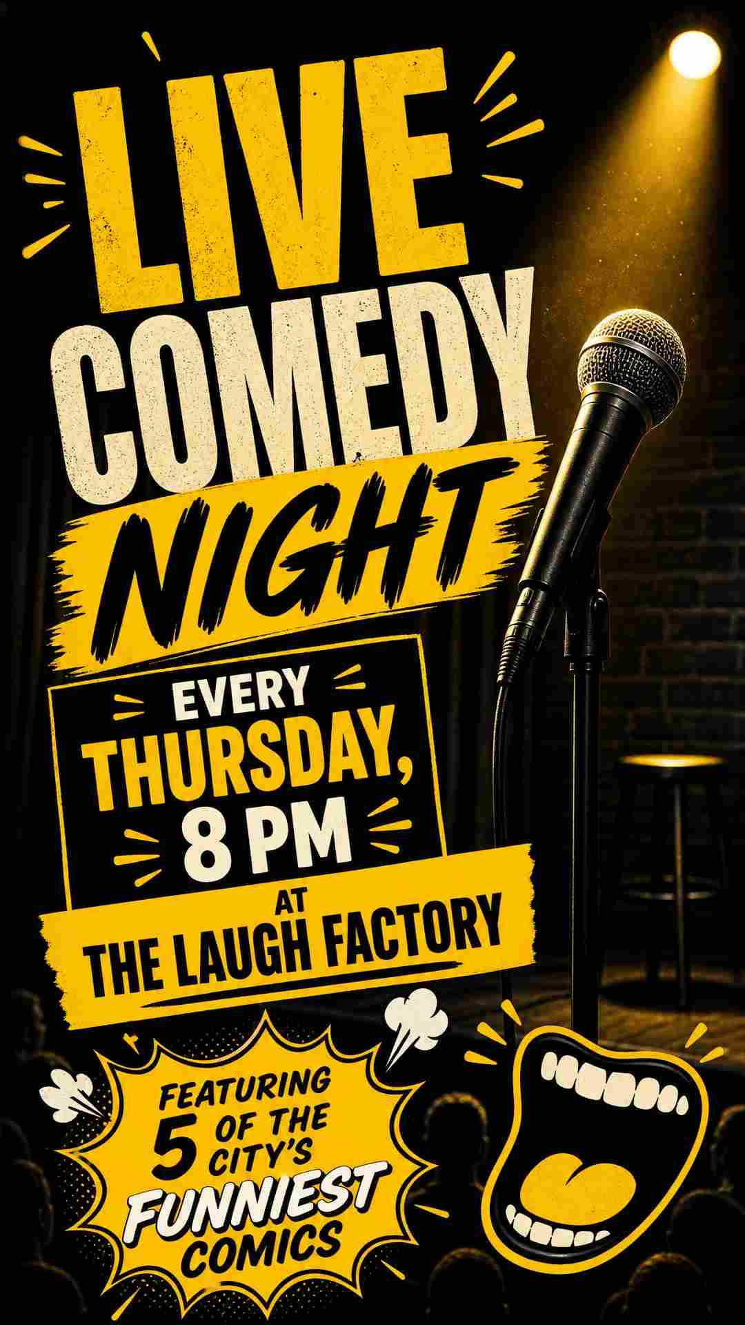 A stand-up comedy night poster. Spotlight on a microphone on a dark stage. Bold yellow and black color scheme. Text: "Live Comedy Night — Every Thursday, 8 PM at The Laugh Factory" in a punchy, bold font. "Featuring 5 of the city's funniest comics". Fun, energetic, inviting.