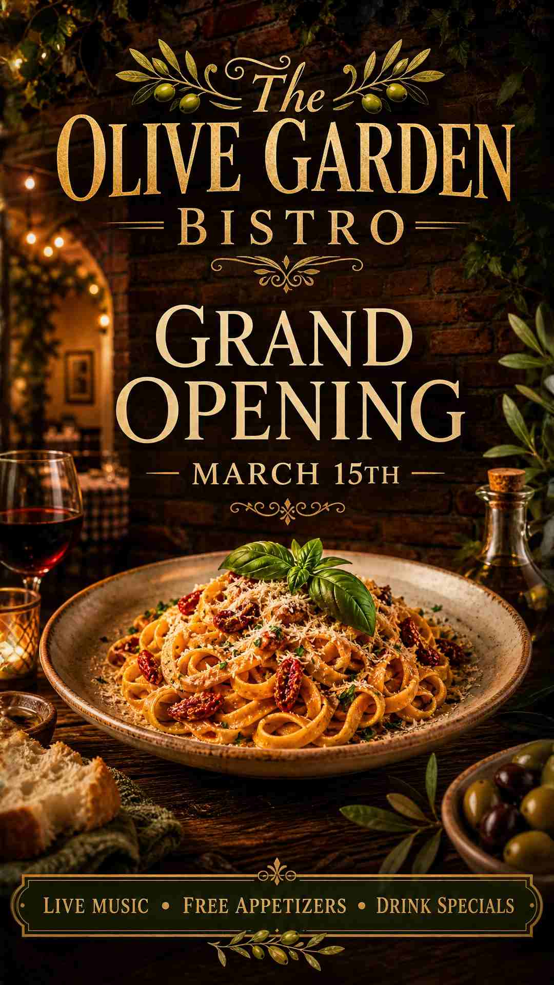 A grand opening poster for "The Olive Garden Bistro", an Italian restaurant. Warm golden lighting, rustic brick wall background, a beautifully plated pasta dish in the center. Text: "Grand Opening — March 15th". Elegant serif font. Include "Live Music • Free Appetizers • Drink Specials" at the bottom. Rich warm tones, inviting atmosphere.