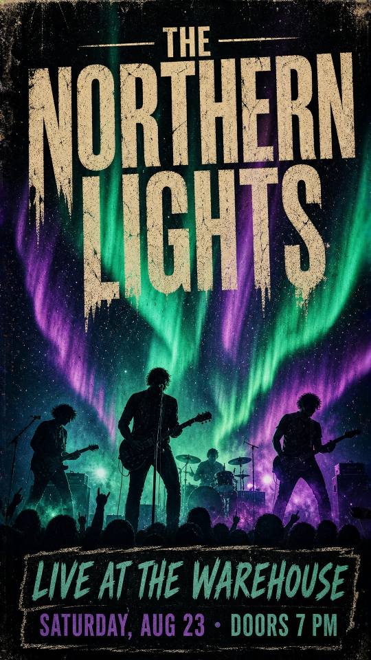 A live music concert poster for an indie rock band called "The Northern Lights". Dark background with vibrant aurora borealis colors — green, teal, purple. Band silhouette on stage. Text: band name in large distressed vintage font. "Live at The Warehouse — Saturday, Aug 23 • Doors 7 PM". Raw, gritty, rock aesthetic.