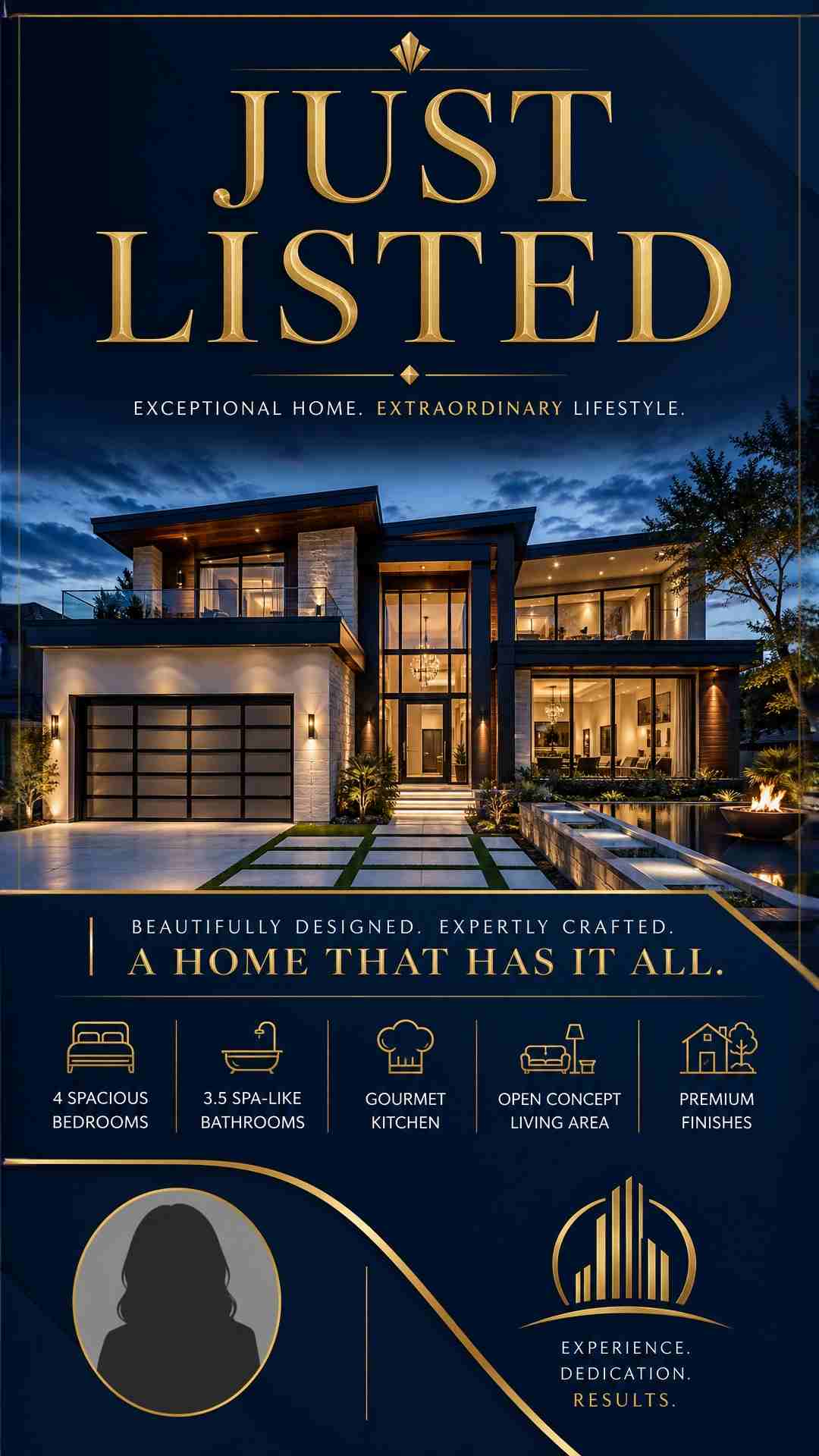A "Just Listed" real estate poster. Sleek dark navy and gold color scheme. Modern luxury home photo. Large "JUST LISTED" text in gold serif font. Property address and key features. Agent headshot area and brokerage logo at the bottom. High-end, polished, aspirational.