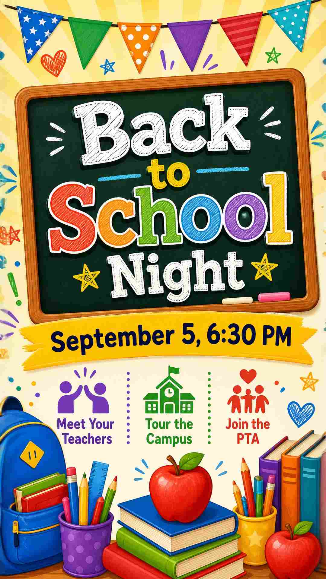A back-to-school night poster for an elementary school. Bright, cheerful design with school supplies illustrations — pencils, books, apples, backpacks. Text: "Back to School Night — September 5, 6:30 PM" in bold, friendly font. "Meet Your Teachers • Tour the Campus • Join the PTA". Colorful and family-friendly.