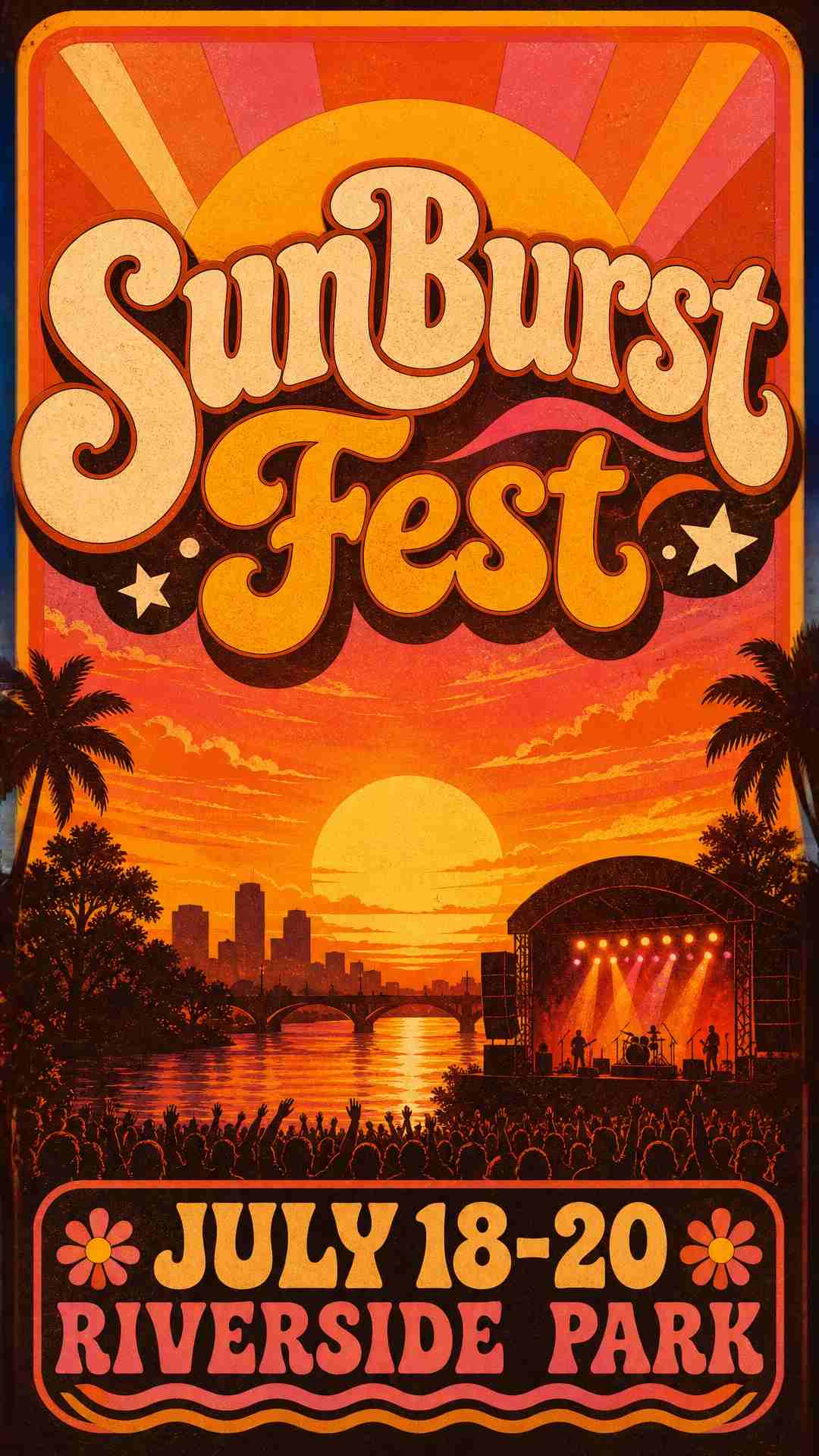 Summer music festival poster, sunset colors, retro 70s style, text: "SunBurst Fest — July 18-20, Riverside Park"