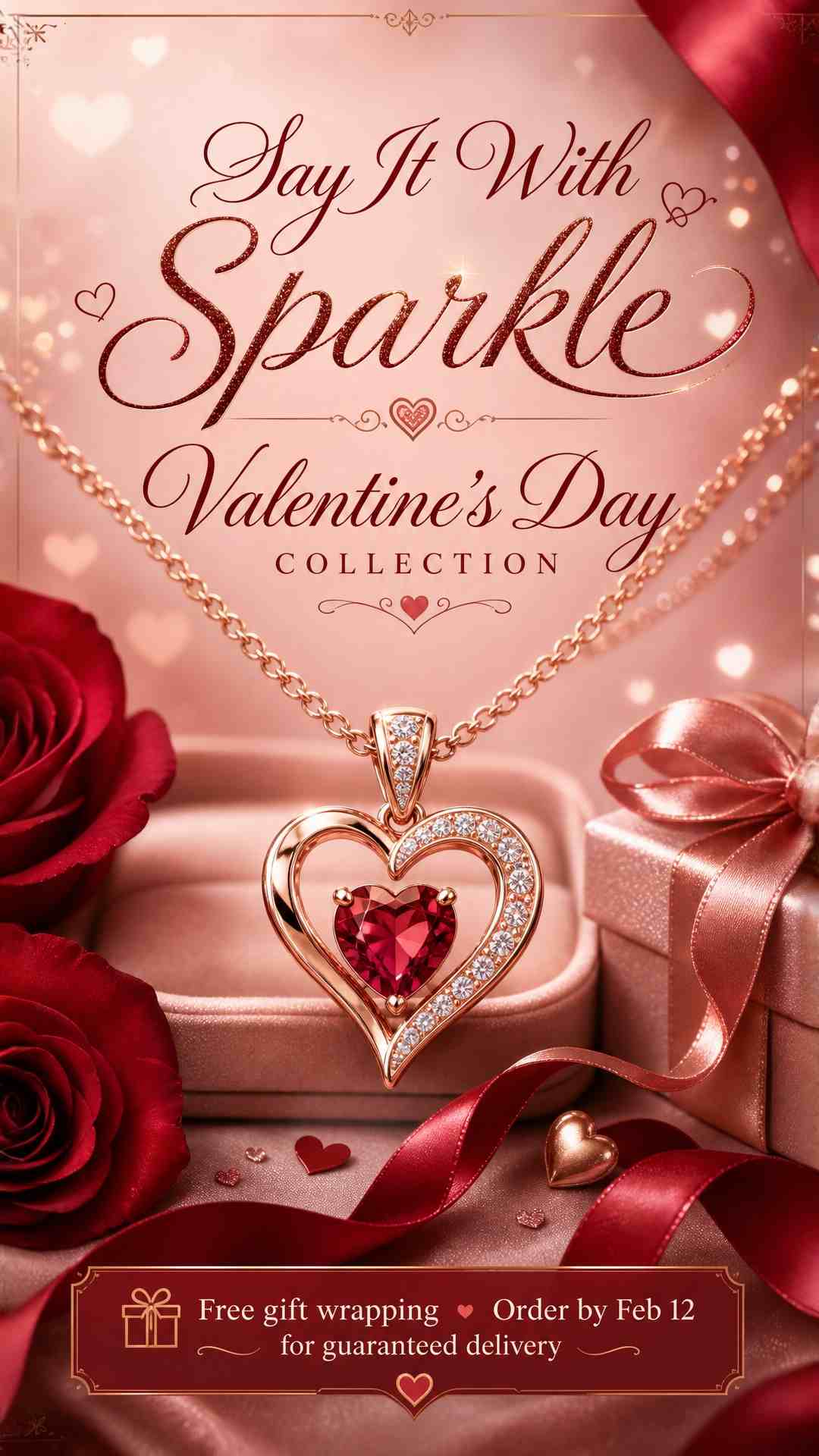 A Valentine's Day promotion poster for a jewelry store. Romantic design with soft red and rose gold palette. Elegant heart-shaped pendant necklace as the focal point. Text: "Say It With Sparkle — Valentine's Day Collection" in elegant script. "Free gift wrapping • Order by Feb 12 for guaranteed delivery". Romantic, luxurious, gift-worthy.