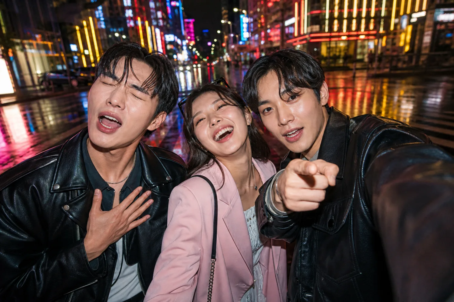 Tre venner poserer til en selfie, klar til Gangnam Style AI-trenden