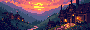 A cozy medieval village at sunset with glowing lanterns and cobblestone streets