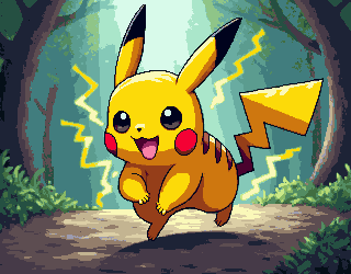 Dynamic pose of Pikachu running forward energetically, determined expression, sparks of electricity around body, action scene, forest path background, dramatic lighting, epic atmosphere, Pokémon anime style, highly detailed fur, cinematic composition, vibrant colors