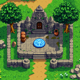 Foto de paisaje convertida en un entorno de aldea en pixel art