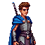 pixel art indie game hero, young warrior with sword and blue cape, bright colors, clear silhouette, front view