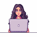 cute pixel art avatar, female software developer at desk with laptop, soft pastel palette, clear face, white background