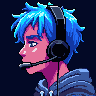 pixel art gamer avatar, boy with headset and neon blue hair, dark background with glowing pixels, discord profile style