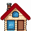 pixel art small house icon, red roof, blue windows, simple design, perler beads template style