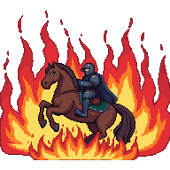 A dark medieval knight riding a heavily armored steed charging out of an intense wall of roaring flames