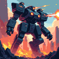 A massive heavily-armored bipedal mech crushing the ruins of a burning futuristic city, launching a barrage of glowing missiles from its shoulder pods