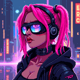pixel art portrait of a cyberpunk girl with neon pink hair and futuristic goggles, glowing city background, high detail, 64-bit