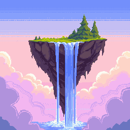 surreal floating island in the sky with waterfalls cascading into clouds, dreamlike atmosphere, pixel art masterpiece, sunset lighting, high resolution