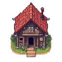 pixel art small cottage scene object, red roof, wooden walls, 128x128, matches 32x32 tile grid, RPG village style