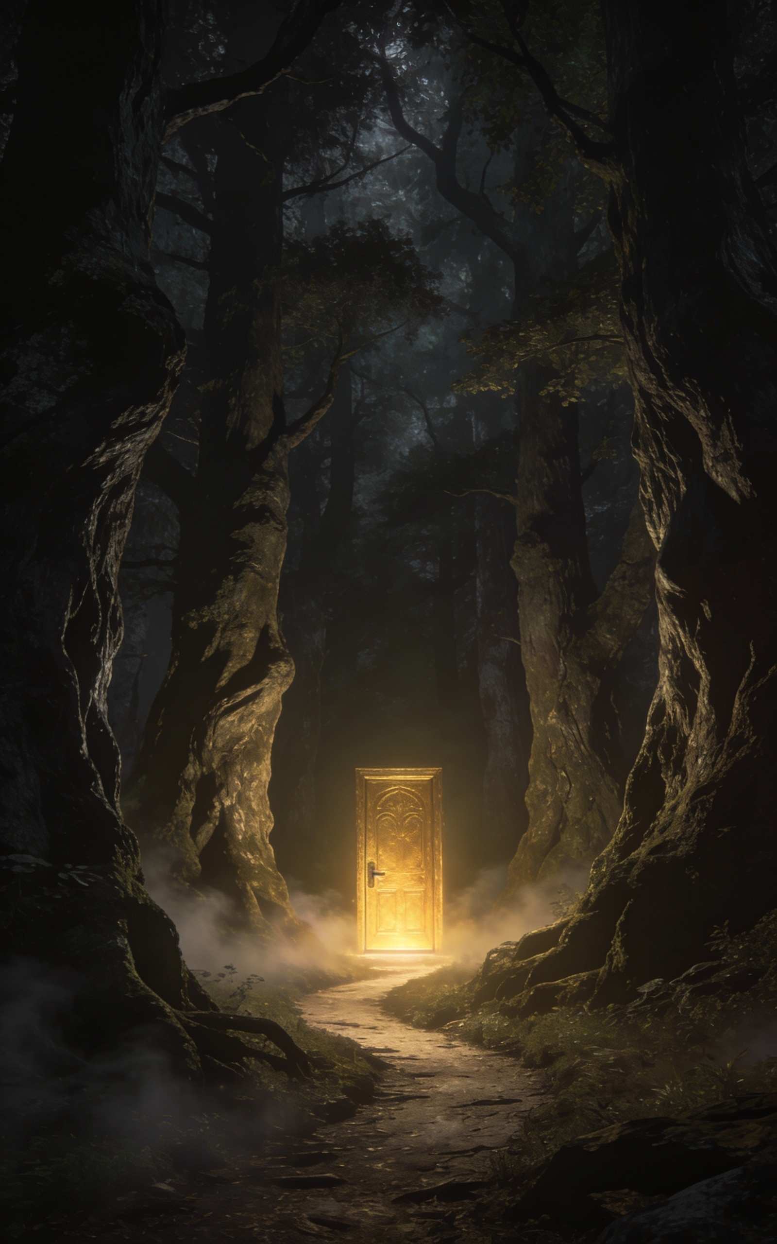 A mysterious dark forest scene with a narrow path leading to a glowing golden door standing alone among ancient trees, fog at ground level, fantasy book cover composition, cinematic lighting, vertical