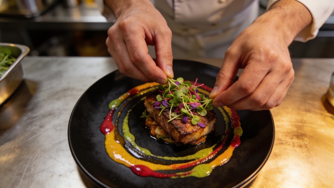 An overhead shot of a chef's hands plating a gourmet dish on a black plate, colorful sauces and microgreens, professional kitchen in the blurred background, cinematic food photography