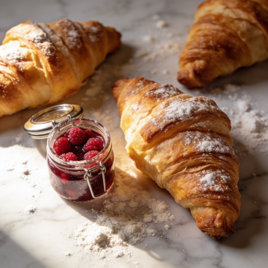 A flat lay of freshly baked croissants on a marble countertop, scattered with flour and a small jar of raspberry jam, soft natural morning light from the left, overhead shot, food photography style